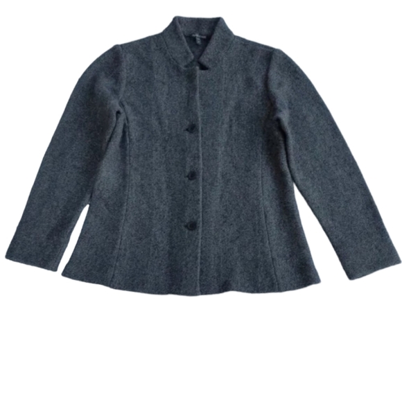 Eileen Fisher Blazer Jacket Wool Cotton Knit Herringbone Band Collar Gray M - Picture 3 of 7